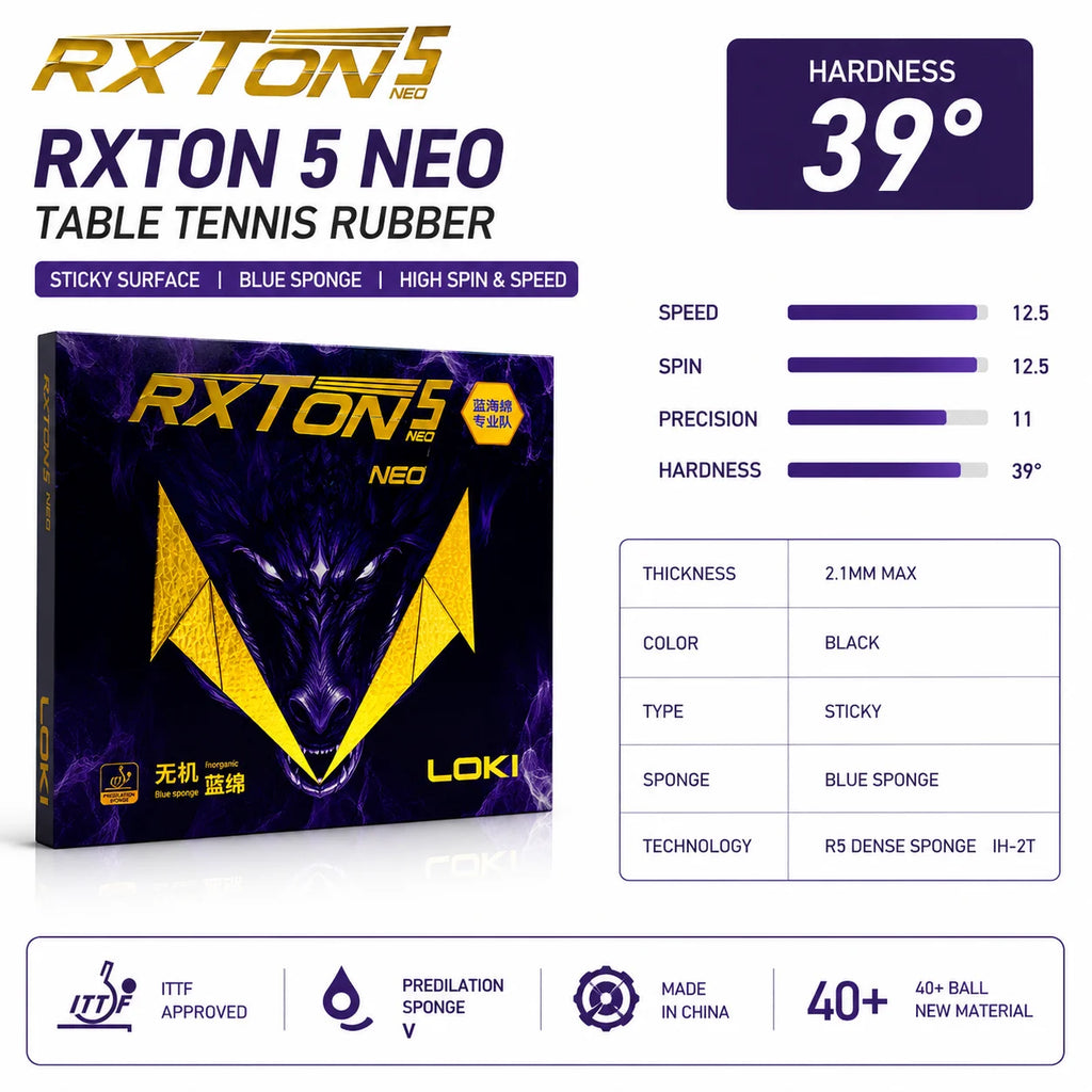 LOKI RXTON 5 NEO Tischtennisbelag Klebriger Blauer Schwamm Invertierter Noppen-innen-Belag für offensive Spinspieler