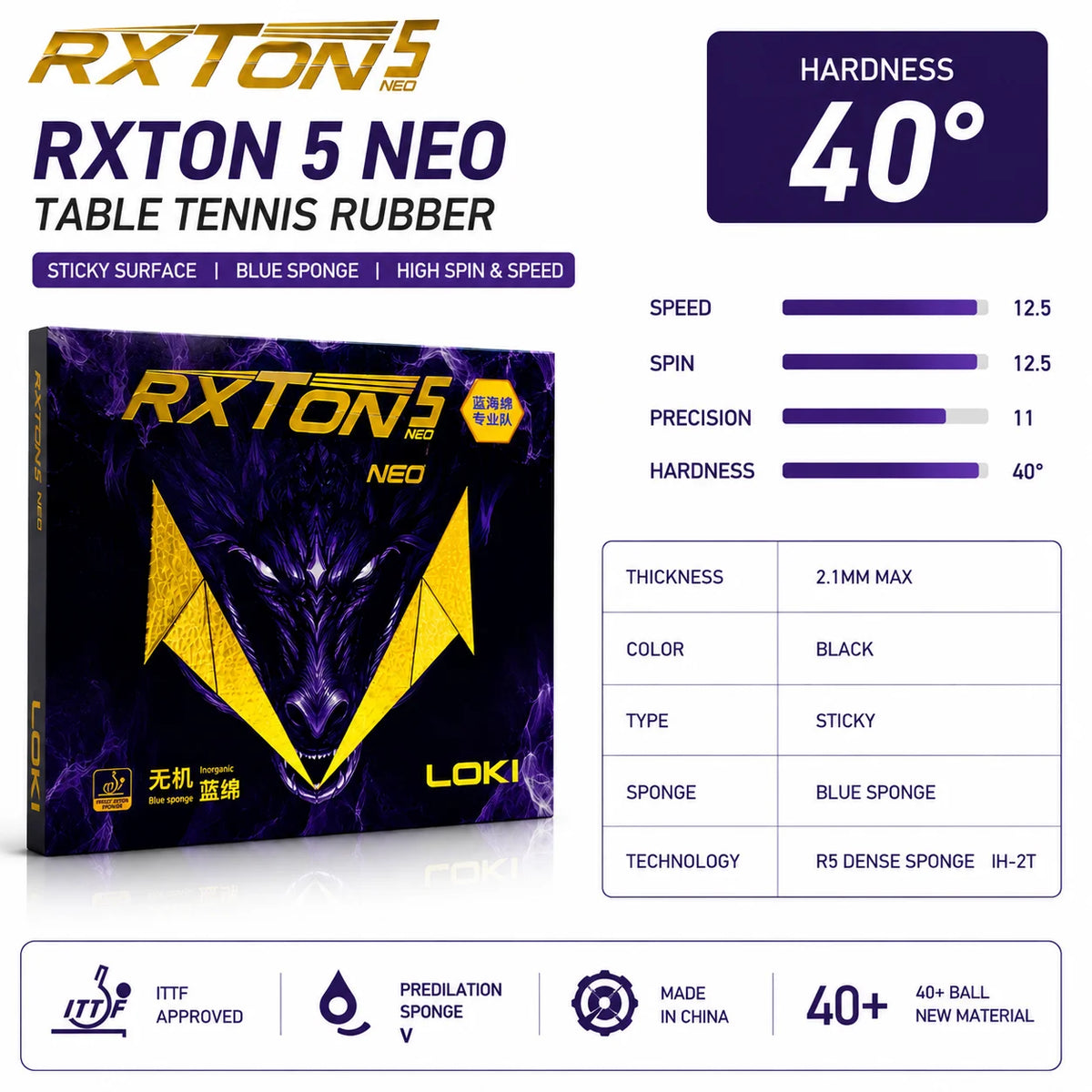 LOKI RXTON 5 NEO Table Tennis Rubber Tacky Blue Sponge Inverted Ping Pong Rubber for Offensive Spin