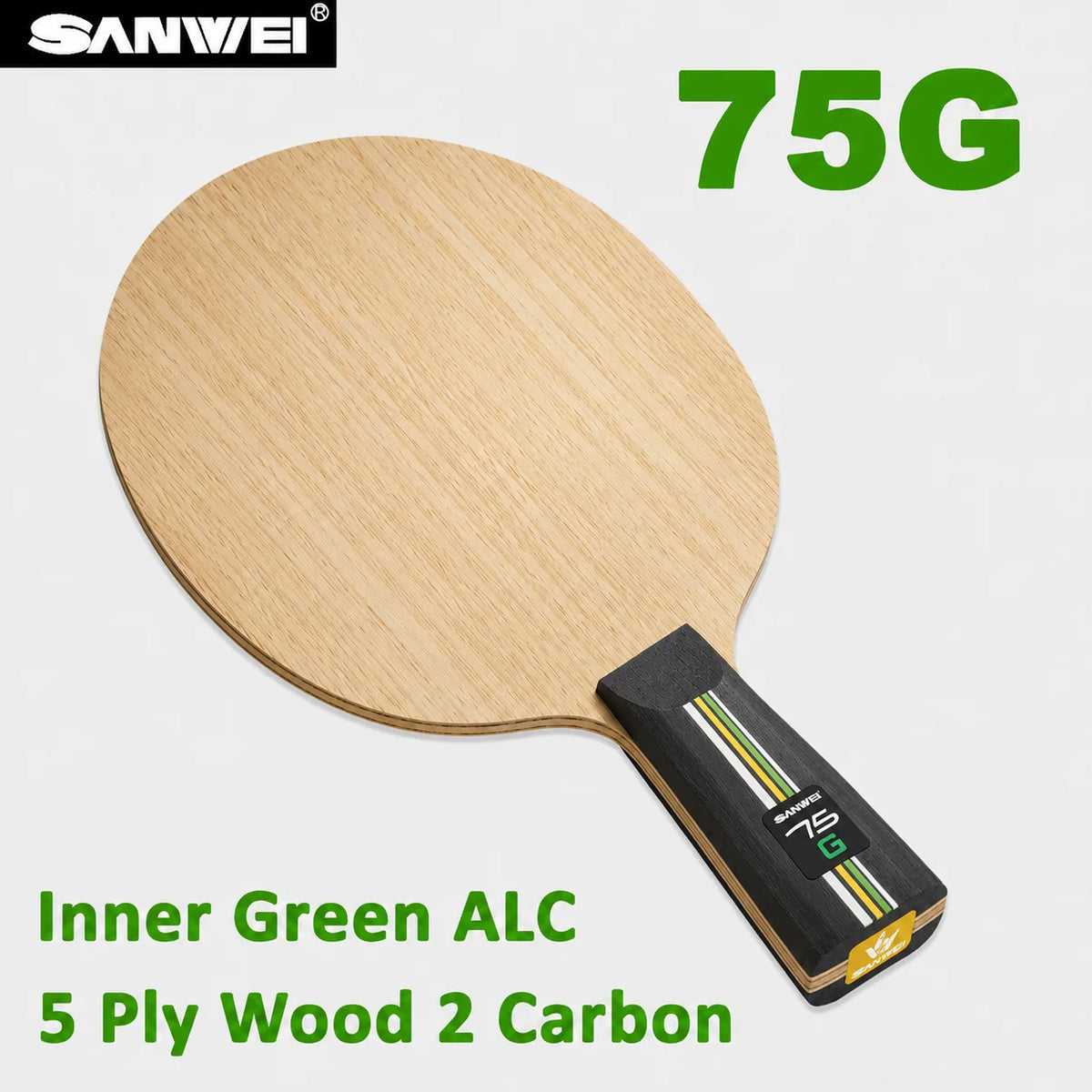 SANWEI 75G Table Tennis Blade Inner Green ALC 5 Wood 2 Carbon Ping Pong Paddle for All-Round Play