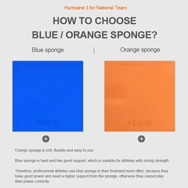 DHS Hurricane 3 National Table Tennis Rubber Pips-In Ping Pong Rubber Blue or Orange Sponge