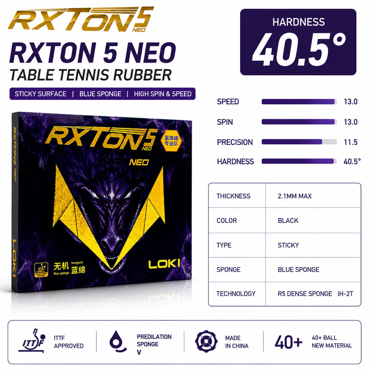 LOKI RXTON 5 NEO Table Tennis Rubber Tacky Blue Sponge Inverted Ping Pong Rubber for Offensive Spin