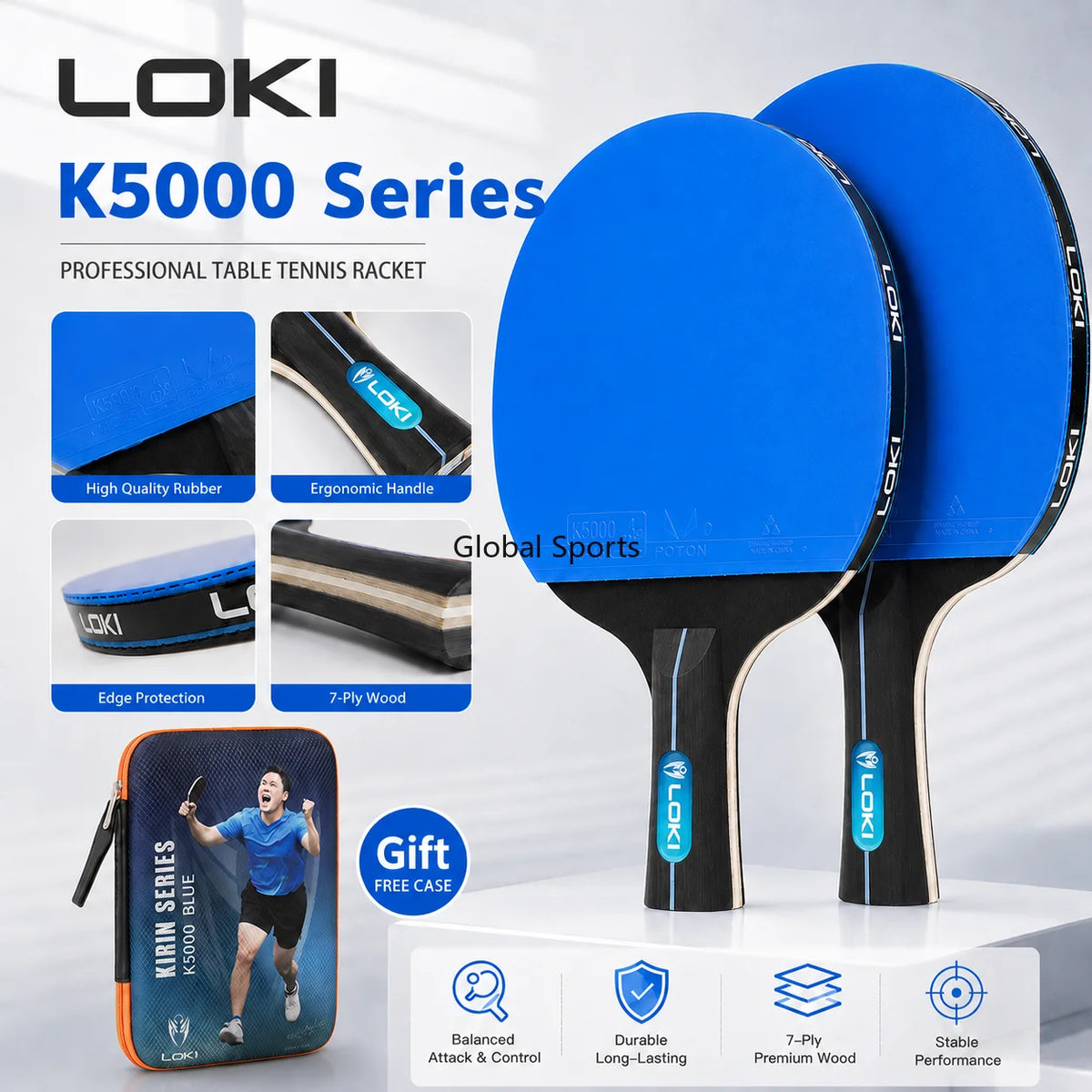 LOKI K5000 Table Tennis Racket Set 2 Ping Pong Paddles with Blue Rubber and Carry Case for Home Training