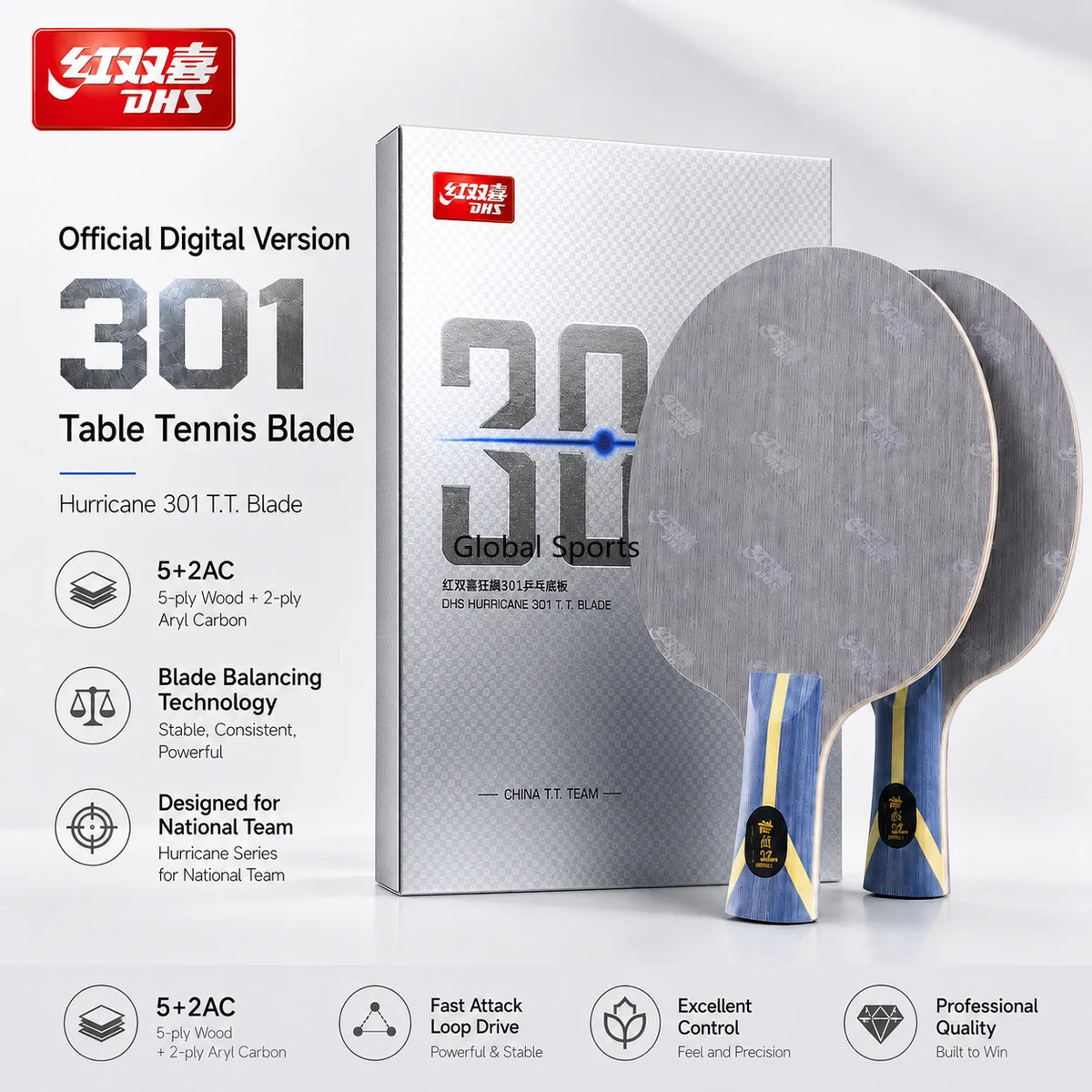 DHS Hurricane 301 Digital Version Table Tennis Blade 5 Wood 2 AC Thickened Core Offensive Ping Pong Paddle