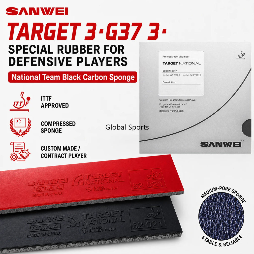 SANWEI National Target 3 G37 Table Tennis Rubber Tacky Pimples-In Ping Pong Sponge for Training