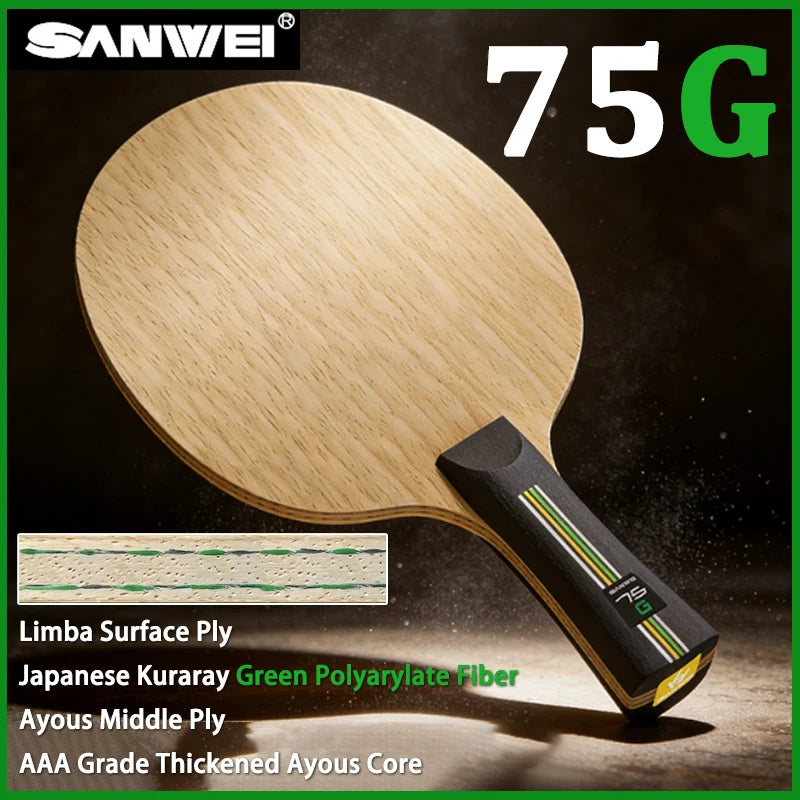 SANWEI 75G Table Tennis Blade Inner Green ALC 5 Wood 2 Carbon Ping Pong Paddle for All-Round Play