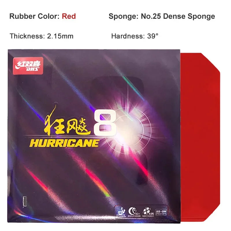 DHS Hurricane 8 Table Tennis Rubber Tacky Pimples-In Dense Sponge Ping Pong Rubber for Speed and Loop
