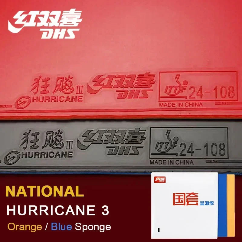 DHS Hurricane 3 National Table Tennis Rubber Pips-In Ping Pong Rubber Blue or Orange Sponge