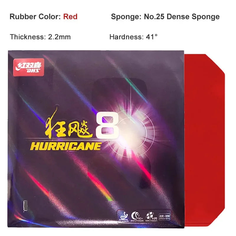 DHS Hurricane 8 Table Tennis Rubber Tacky Pimples-In Dense Sponge Ping Pong Rubber for Speed and Loop
