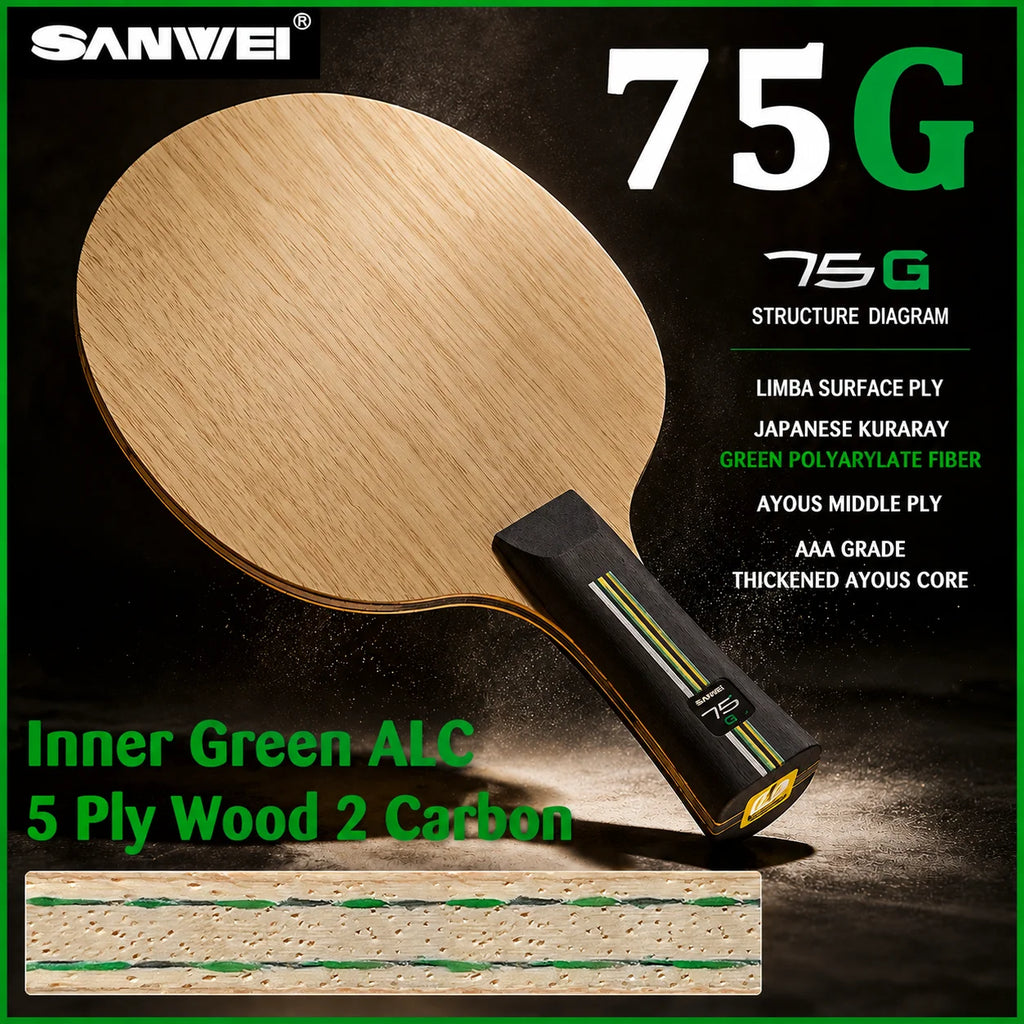SANWEI 75G Table Tennis Blade Inner Green ALC 5 Wood 2 Carbon Ping Pong Paddle for All-Round Play