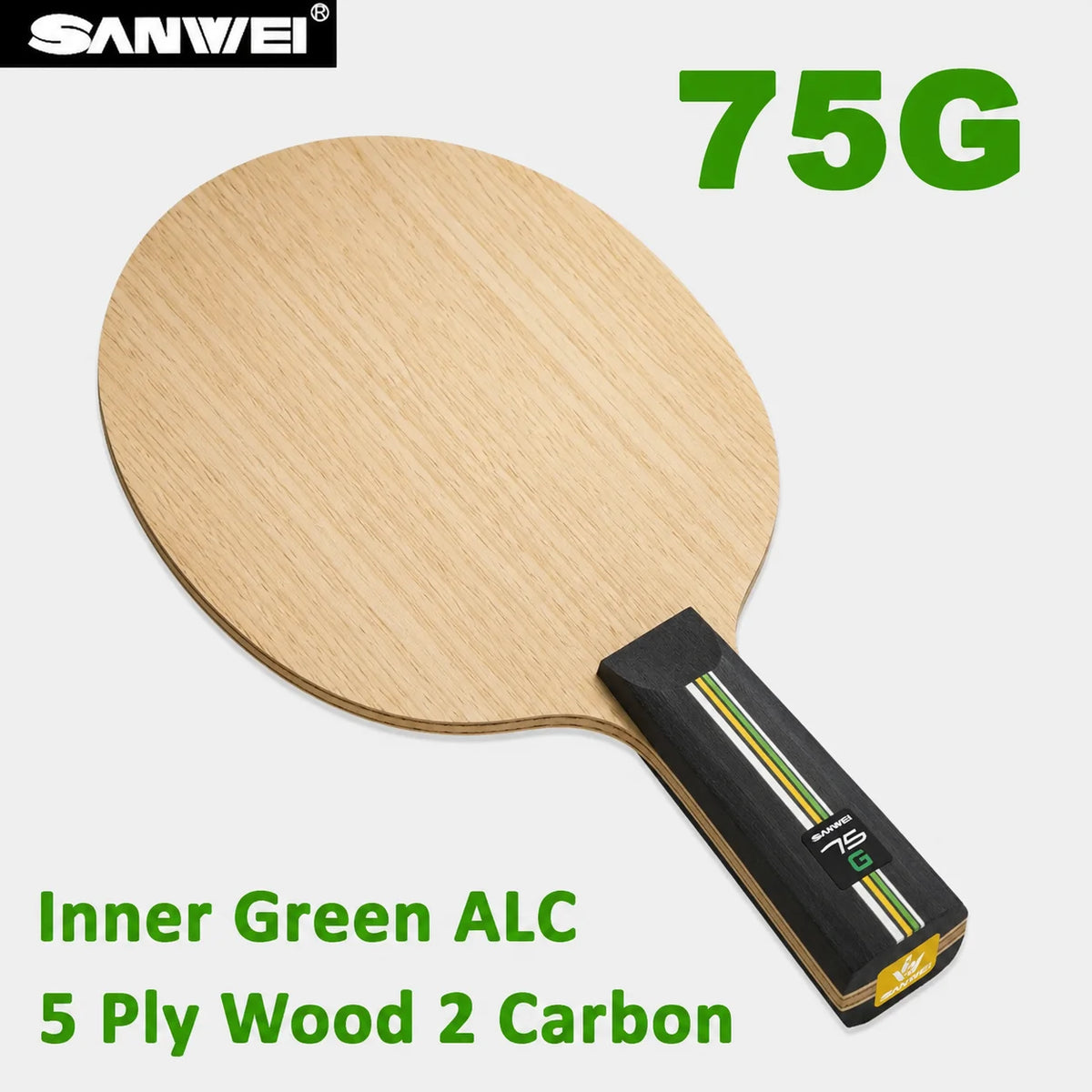 SANWEI 75G Table Tennis Blade Inner Green ALC 5 Wood 2 Carbon Ping Pong Paddle for All-Round Play