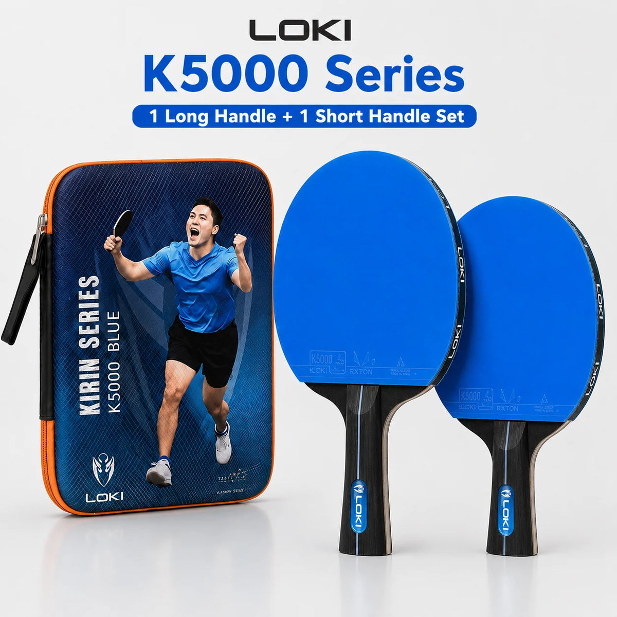 LOKI K5000 Table Tennis Racket Set 2 Ping Pong Paddles with Blue Rubber and Carry Case for Home Training