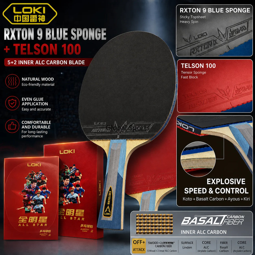 LOKI All Star Table Tennis Racket Basalt Carbon Blade with RXTON 9 and Telson 100 Rubbers Ping Pong Paddle
