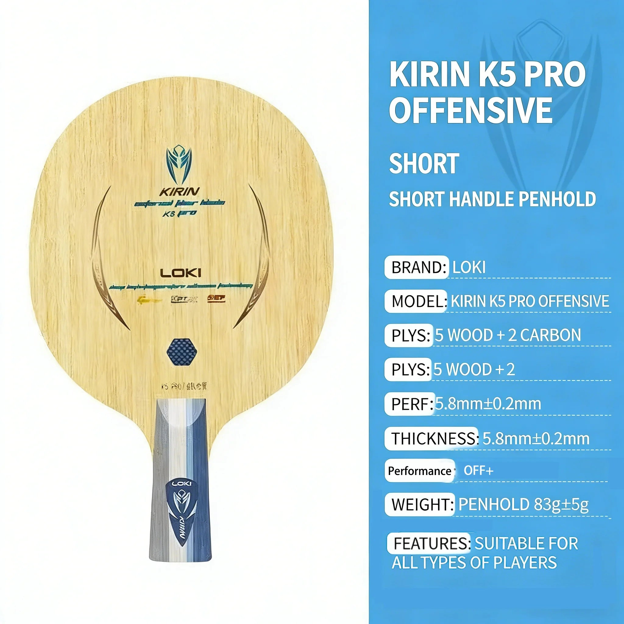 LOKI Kirin K5 PRO INNER / External Table Tennis Blade 7-Ply 5 Wood 2 Carbon Ping Pong Paddle 2 Carbon Fiber Table Tennis Racket